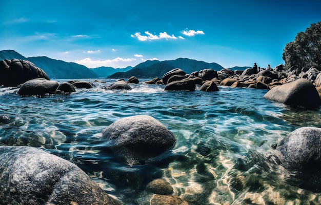 cielo azul sobre el agua con rocas y montañas