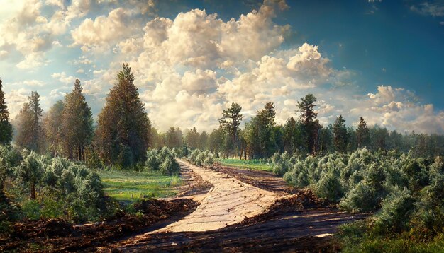 Cielo azul sobre la espesura del bosque con un camino arenoso a través de los árboles