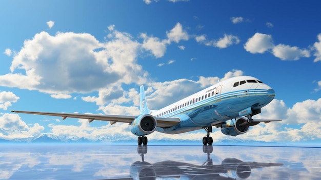 un cielo azul soleado con nubes blancas y un avión en primer plano