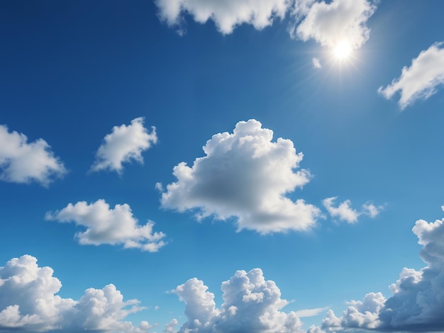 Cielo azul suave y detallado con algunas nubes blancas y sol