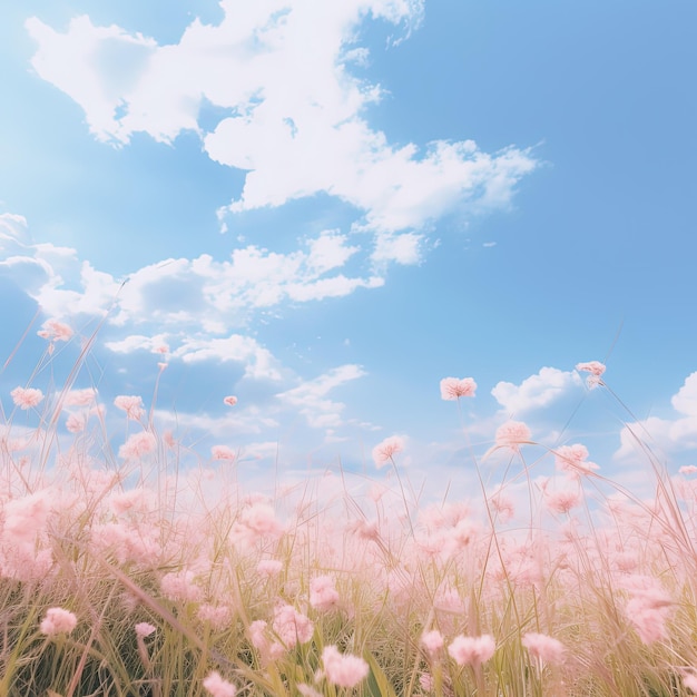 Cielo azul con suaves nubes sobre campos y flores en suaves tonos rosados hermoso fondo de la naturaleza