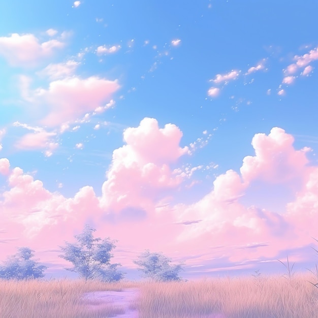 Cielo azul con suaves nubes sobre campos y flores en suaves tonos rosados hermoso fondo de la naturaleza