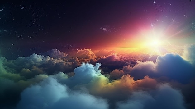 Un cielo colorido con nubes y un sol encima