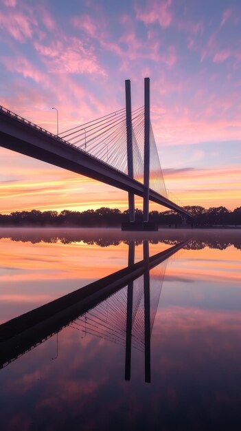 Bajo el cielo del crepúsculo la simetría arquitectónica de un puente moderno se refleja en la superficie del agua creando una escena de contemplación tranquila