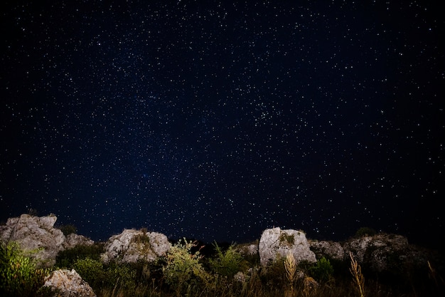 Cielo cristalino con estrellas y rocas en el suelo