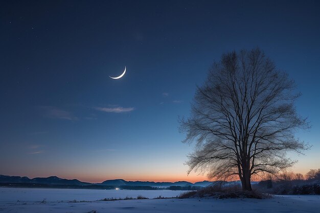 Foto cielo despejado de la noche de invierno y luna creciente