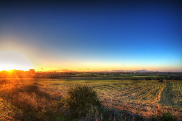 Cielo despejado sobre un campo verde al atardecer