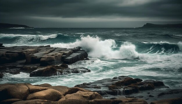 Cielo dramático, acantilado de piedra de surf en bruto, asombro generado por IA