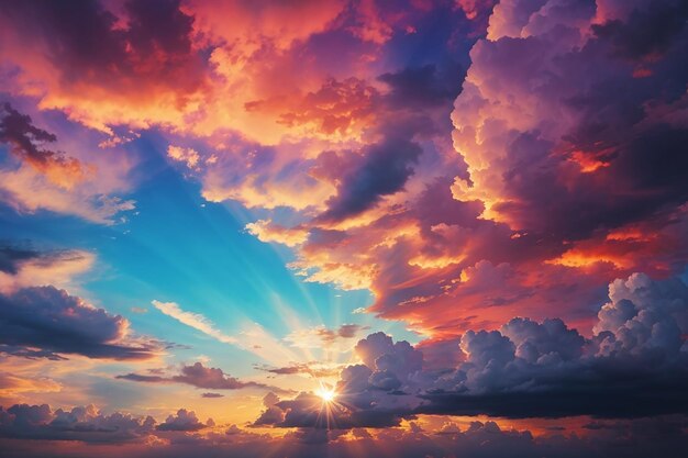 Cielo dramático colorido con nubes al atardecer con fondo de sol