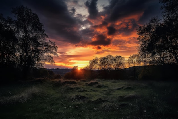 Cielo dramático sobre una escena tranquila al atardecer