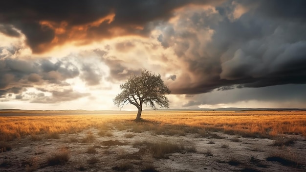 Cielo espectacular sobre un viejo árbol solitario bellamente creado con IA generativa