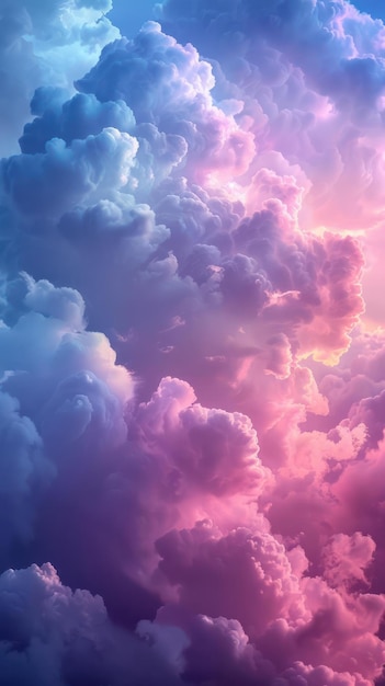 El cielo está lleno de una hermosa variedad de nubes en varios tonos de rosa y azul