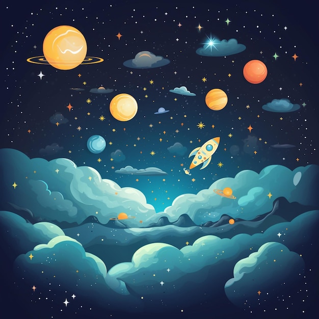 cielo de estilo de dibujos animados y estrellas con planeta con cohete 3
