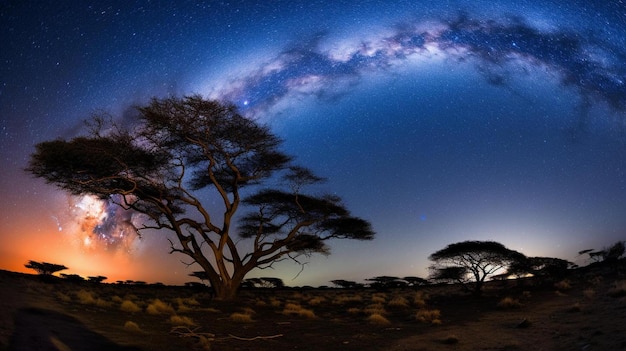 un cielo estrellado con un árbol y una galaxia en el fondo.