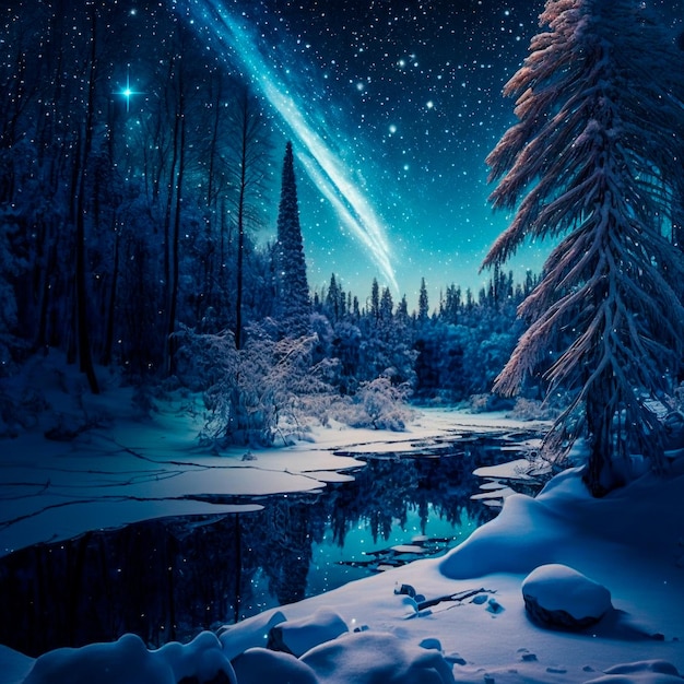 Cielo estrellado brillante en el bosque de invierno