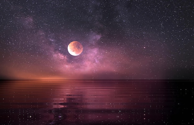 cielo estrellado caída de estrellas nebulosa naranja lila blu puesta de sol noche de verano nublado paisaje marino en nubes dramáticas