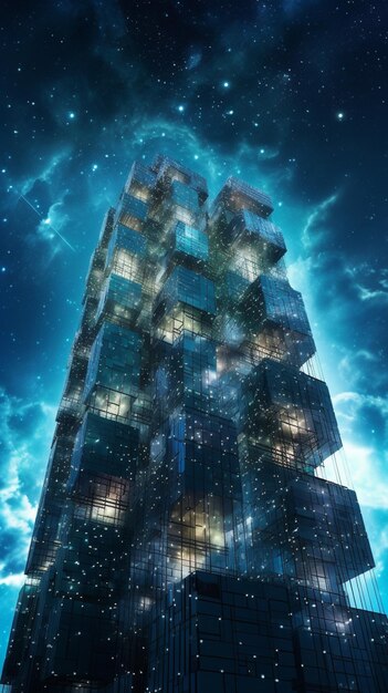 Foto cielo estrellado con un edificio en primer plano y algunas nubes ai generativo