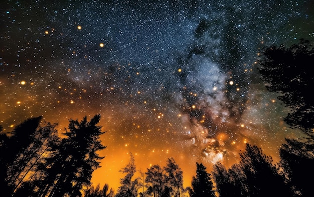 Un cielo estrellado se extiende sobre el bosque nocturno generado por IA