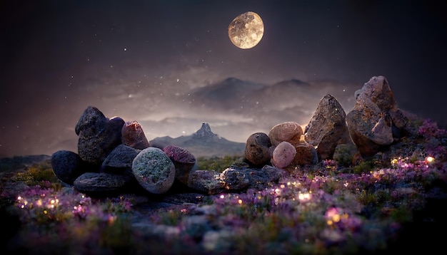 Cielo estrellado con luna llena en el valle de la montaña del cielo nocturno con rocas y piedras brillantes en la oscuridad