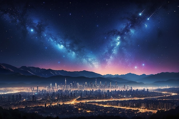 El cielo estrellado de la noche sobre las luces de la ciudad