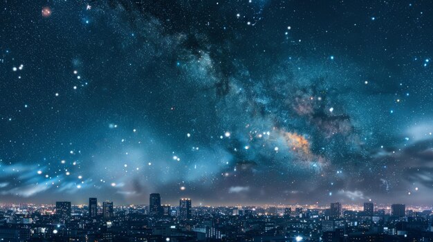 El cielo estrellado de la noche sobre las luces de la ciudad