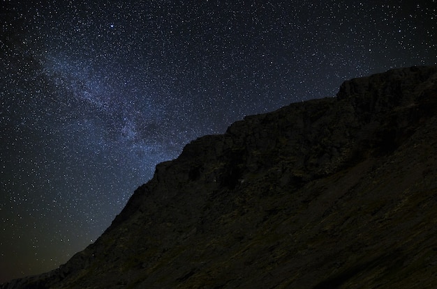 Cielo estrellado de la noche. La Vía Láctea en el fondo de una cordillera.