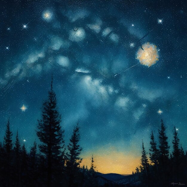 Cielo estrellado nocturno con estrellas Pintura de acuarela AIGenerated