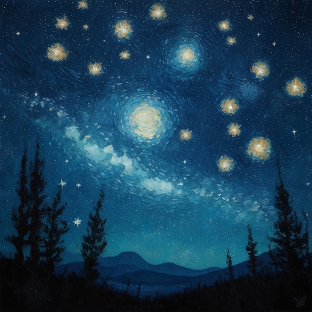 Cielo estrellado nocturno con estrellas Pintura de acuarela AIGenerated