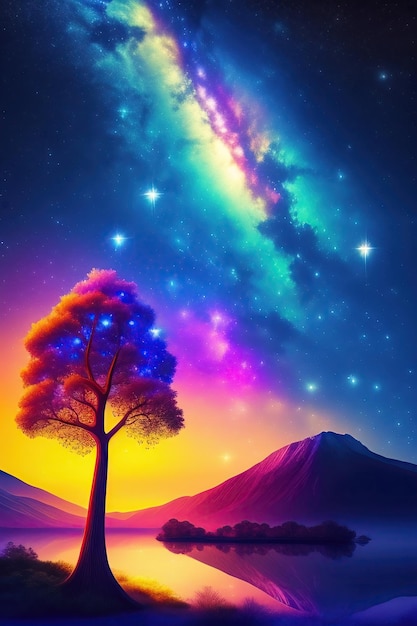 Cielo estrellado con la Vía Láctea azul Paisaje nocturno con árboles contra la colorida Vía láctea