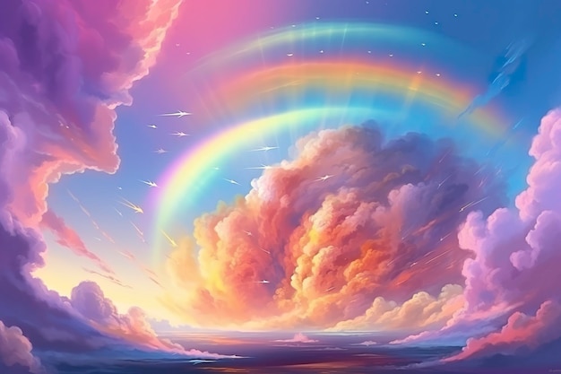 Cielo de fantasía arco iris Cielos de hadas colores del arco iris paisaje mágico y cielo de ensueño fondo ilustración AI generativo