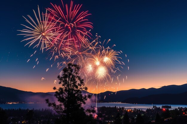 Cielo festivo con fuegos artificiales y bandera estadounidense Día de la Independencia