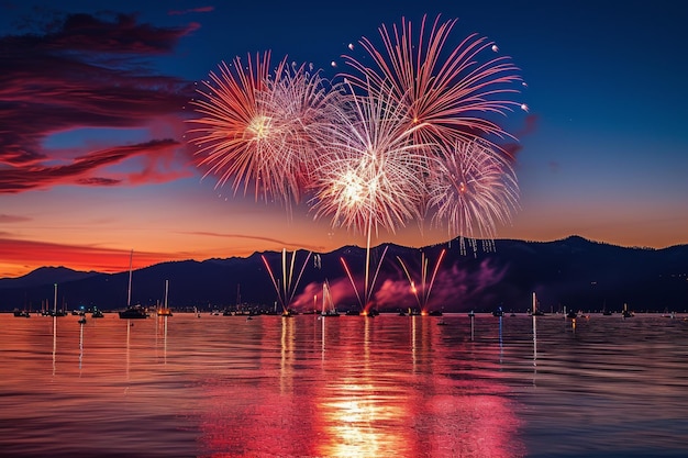 Cielo festivo con fuegos artificiales y bandera estadounidense Día de la Independencia