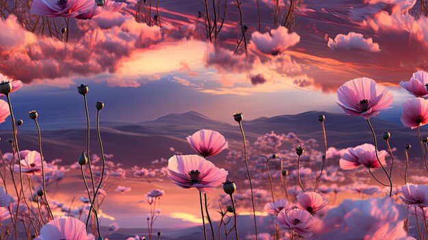 Foto cielo gradiente durante un amanecer de tonos pastel sobre un campo de flores hd 4k