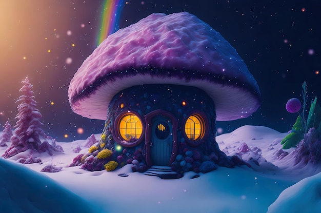 Cielo invernal en multicolor sobre paisaje nevado con casa de hongos hobbit
