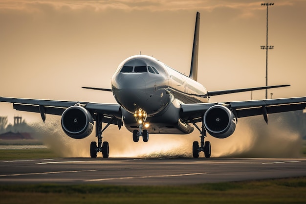 Bajo el cielo llamativo los aviones despegan en las pistas de los aeropuertos orxAxA