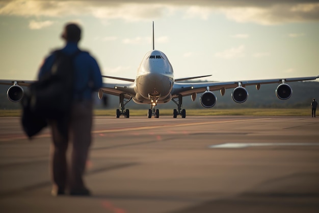 Bajo el cielo llamativo los aviones despegan en las pistas de los aeropuertos orxAxA