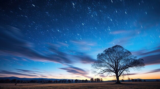 un cielo lleno de estrellas por encima de un campo con árboles y un cielo llenado de estrellas.