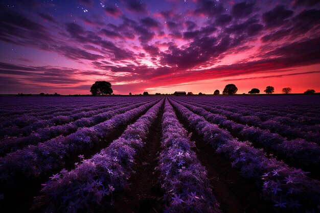 Foto un cielo lleno de estrellas sobre un campo de lavanda