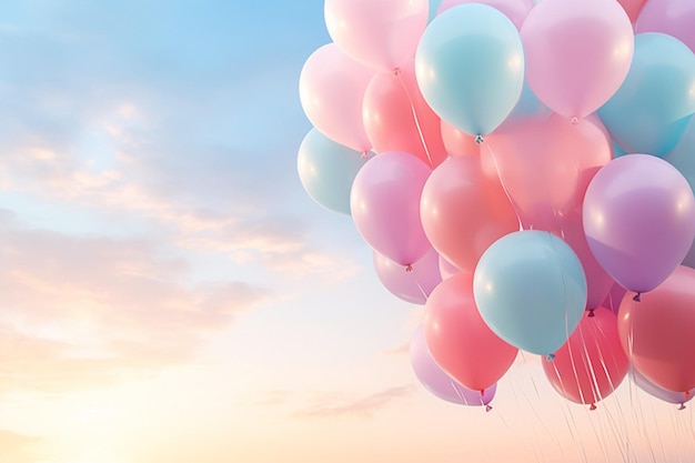 El cielo lleno de globos de colores pastel al amanecer