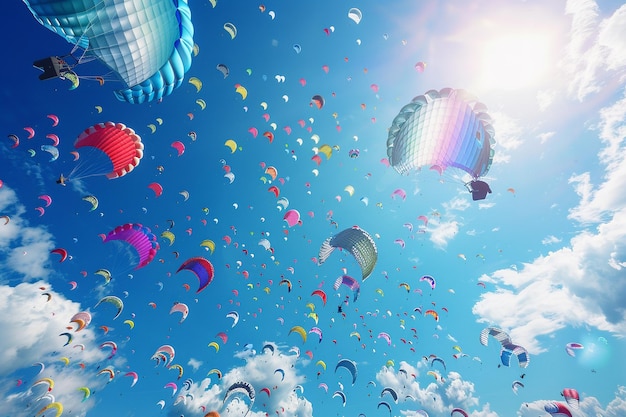 un cielo lleno de globos con el sol brillando a través de las nubes