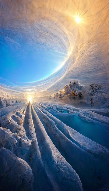 Cielo lleno de mucha nieve junto a un cuerpo de agua generativa ai