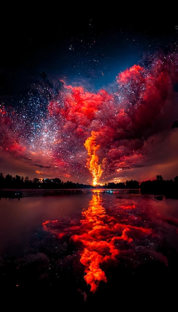 Cielo lleno de muchas nubes rojas junto a un cuerpo de agua generativa ai