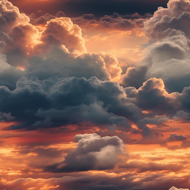 Un cielo lleno de nubes con un atardecer de fondo