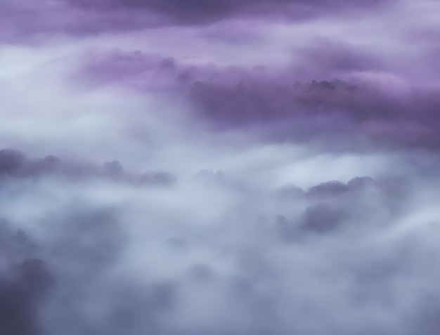 Un cielo morado con nubes y un bosque al fondo.