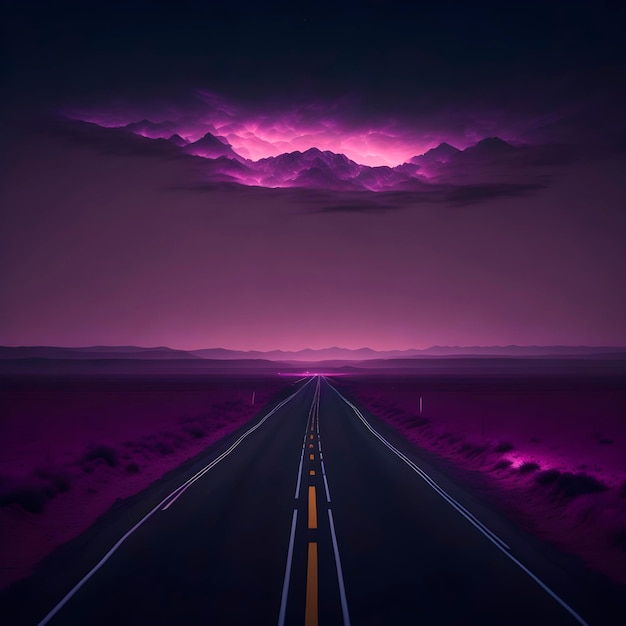 Un cielo morado con una raya amarilla y una raya blanca en la carretera.