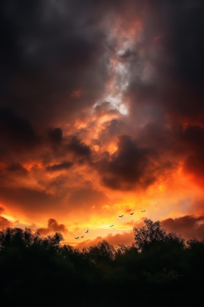 Un cielo naranja con pájaros volando en él al estilo de efectos de iluminación dramáticos nubes atmosféricas