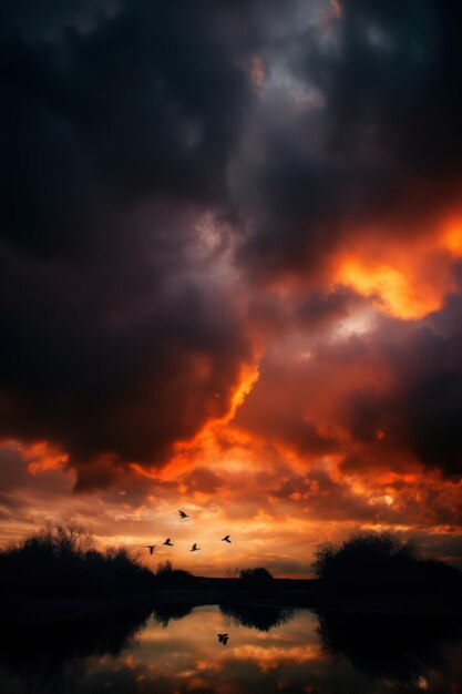 Un cielo naranja con pájaros volando en él al estilo de efectos de iluminación dramáticos nubes atmosféricas