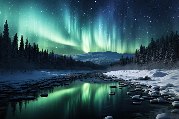 Foto el cielo nocturno con aurora y luces del norte que se reflejan en un río congelado rodeado de árboles de hoja perenne cubiertos de nieve