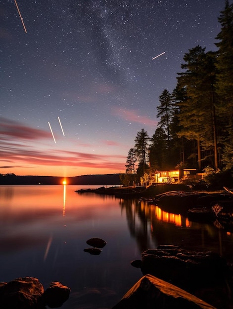 un cielo nocturno con un avión volando sobre un lago