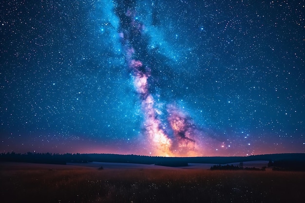 Cielo nocturno azul oscuro con muchas estrellas sobre el campo de árboles Parque Yellowstone Milkyway Generative AI